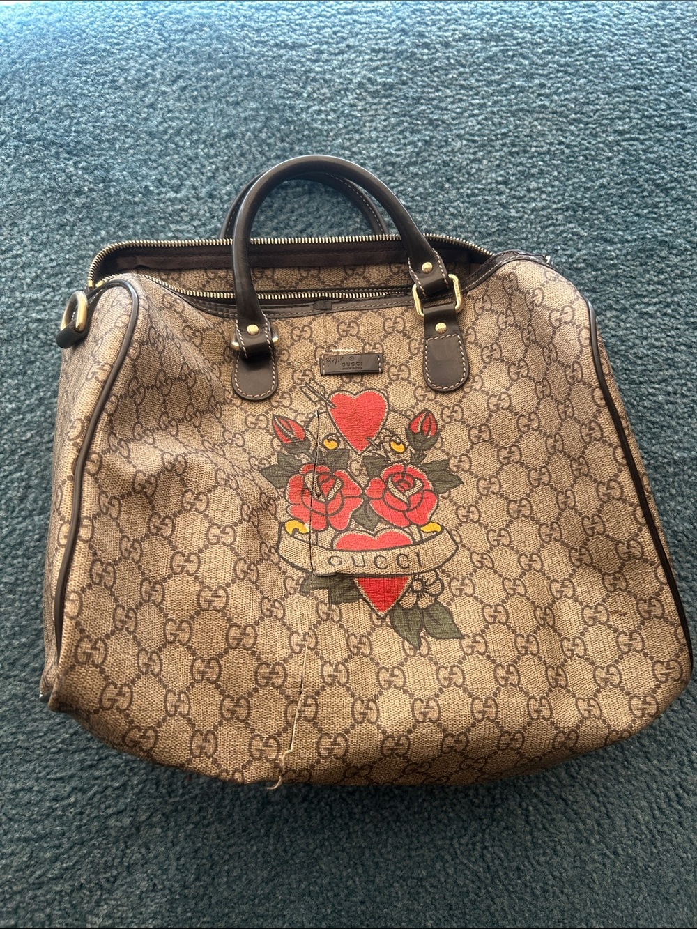 Gucci Brown GG Supreme Canvas Tote with Red Rose Heart Motif
